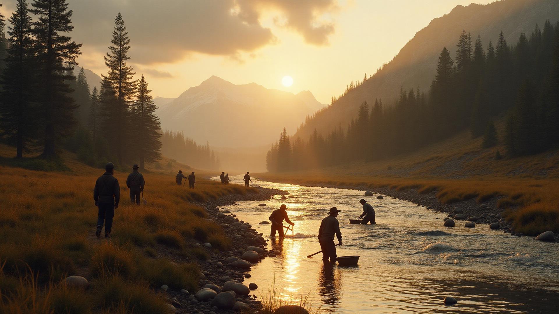 Bonanza Creek with prospectors panning for gold in Yukon wilderness