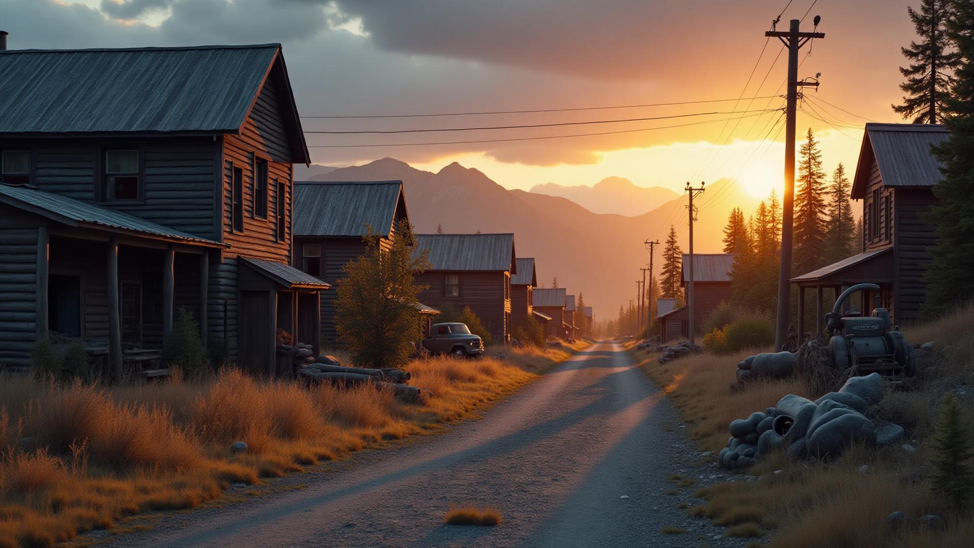 Abandoned mining equipment and ghost town buildings symbolizing the end of an era