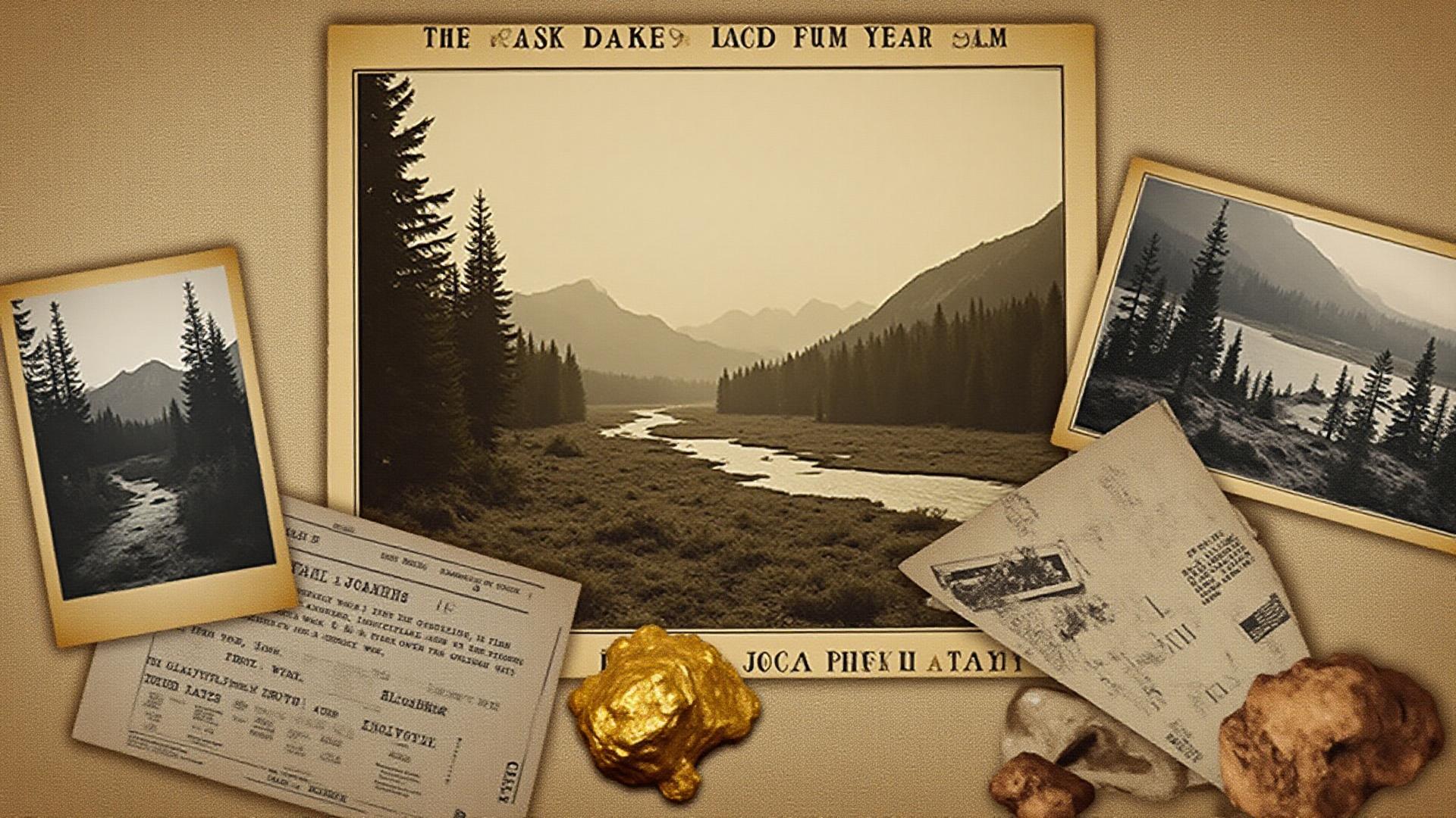 Collage of vintage newspaper clippings, photographs, and gold nuggets