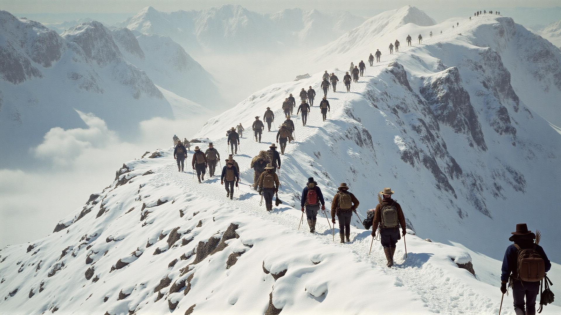 Stampeders climbing the steep snowy Chilkoot Pass trail