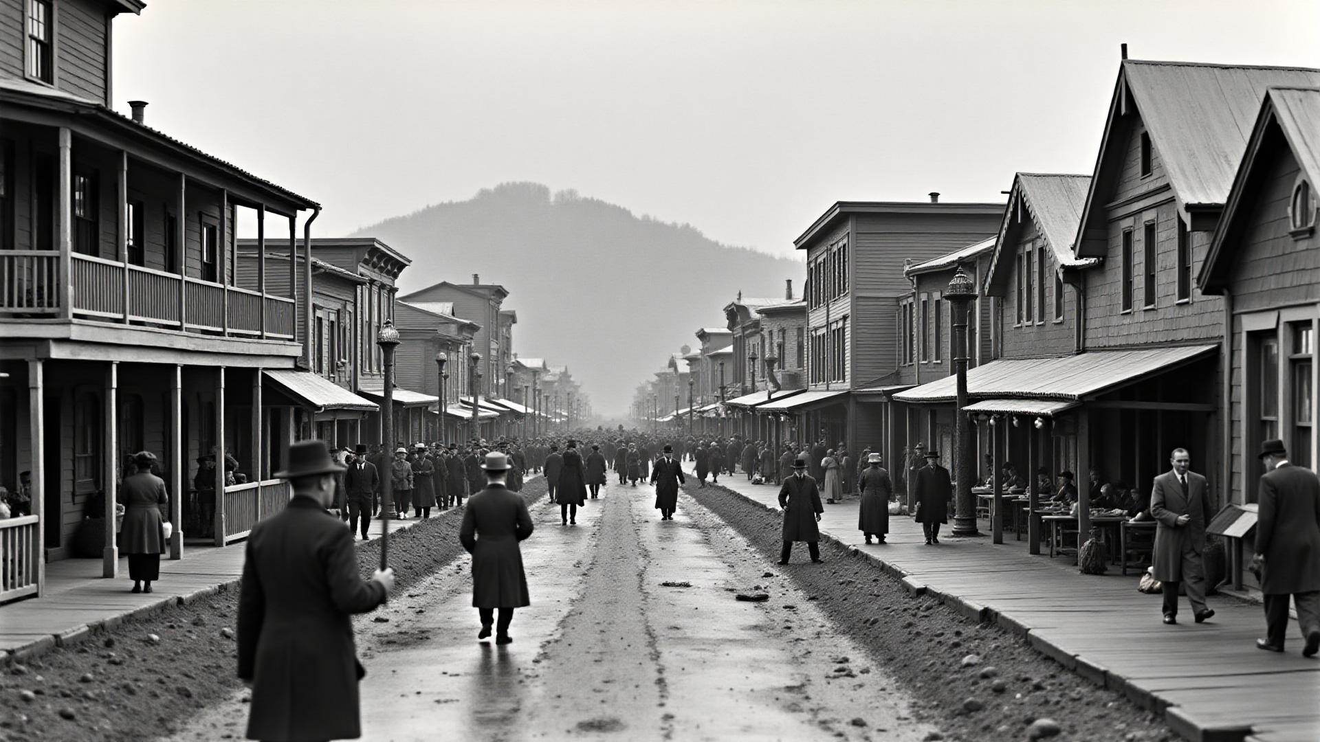 Historic street scene in bustling Dawson City during the gold rush