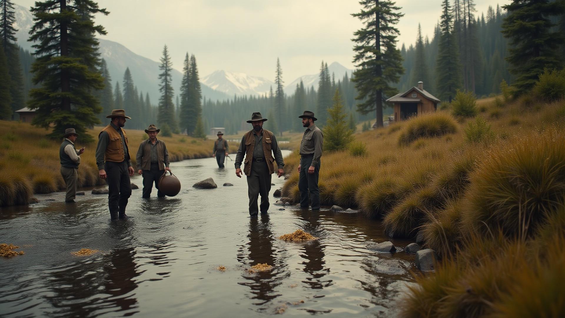 Prospectors discovering gold at a creek in Yukon wilderness