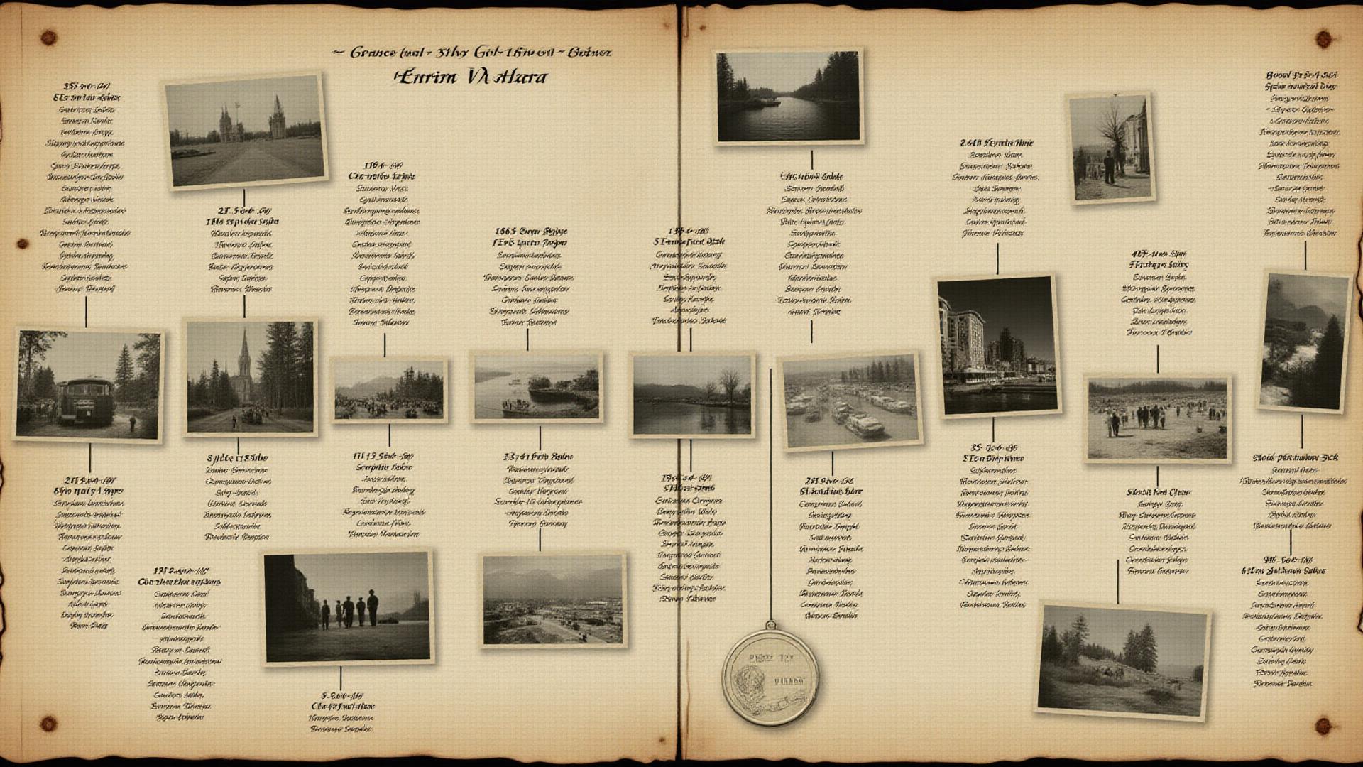 Historical timeline with old photographs and maps from the Klondike Gold Rush