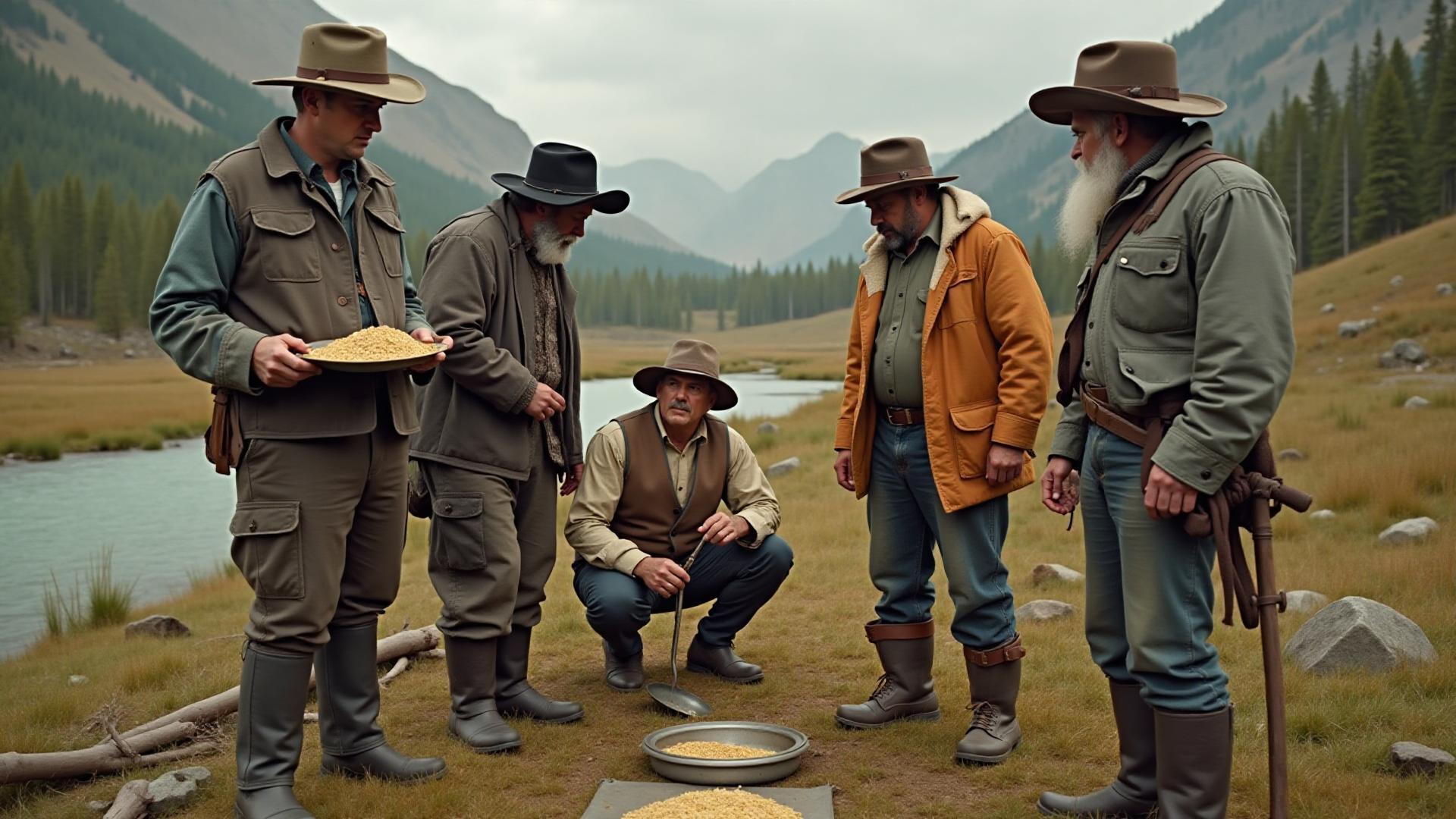 George Carmack and the discovery party examining gold at Bonanza Creek