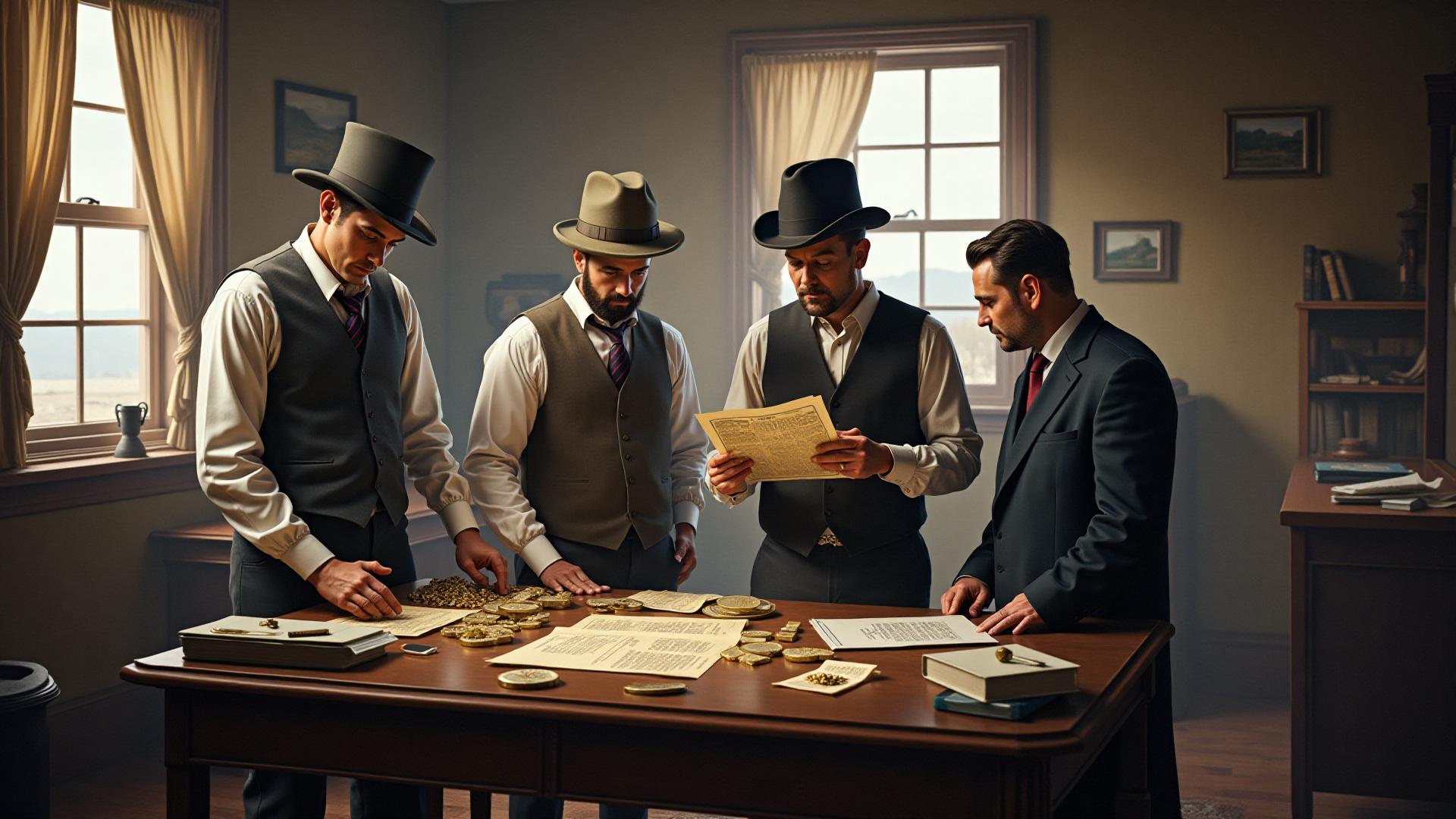 Successful Klondike entrepreneurs conducting business with gold and maps